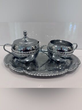 Vintage Silverplate Cream & Sugar Set with Ornate Serving Tray – Made in USA
